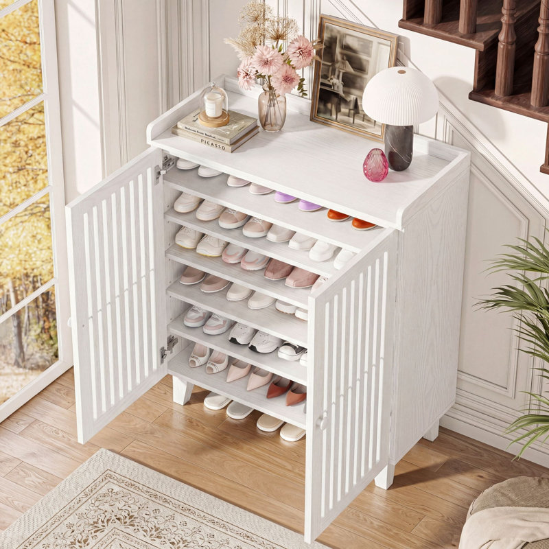 6-Tier Shoe Cabinet With Slatted Doors And Adjustable Shelves, White, White