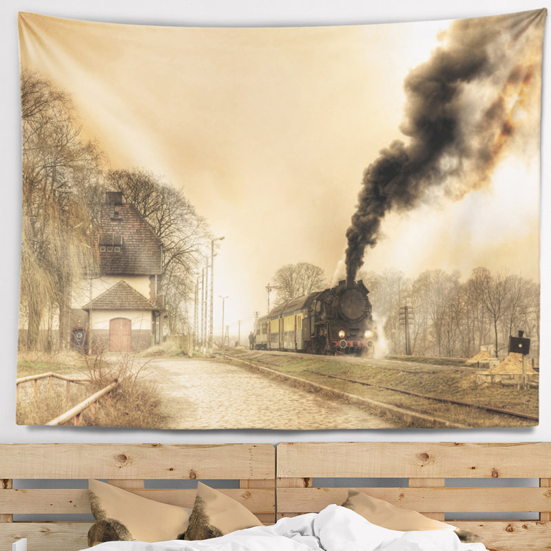 Paysage photographie retro train à vapeur tapisserie, H 32 po x l 39 po