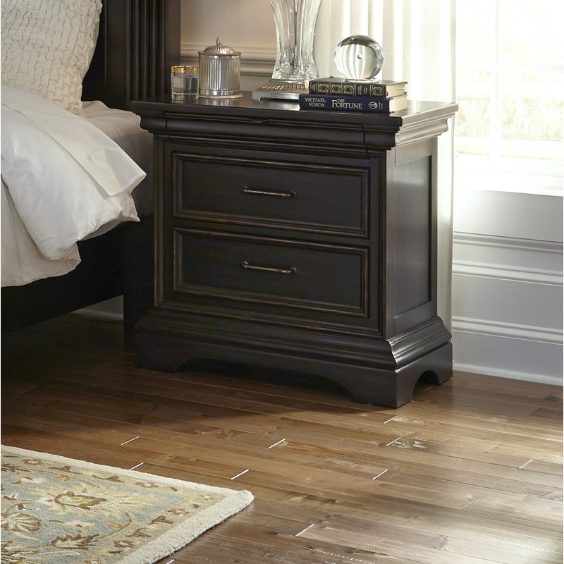 Brown Acacia Veneer 2-Drawer Nightstand with Rubberwood Legs