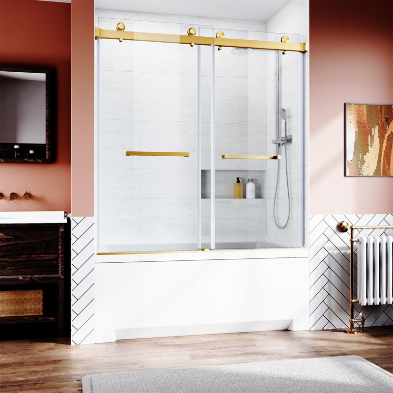 Porte de baignoire coulissante sans cadre l 56-60 po x H 62 po, Doré