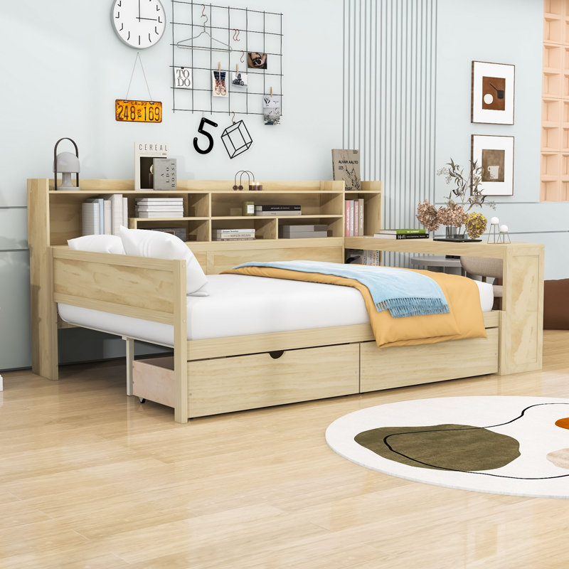 Wood Daybed with Storage Shelves,2 Storage Drawers and Study Desk, Natural, Full