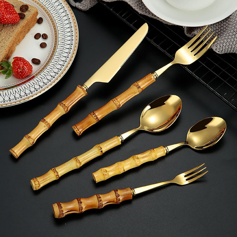 Ensemble de couverts en acier inoxydable avec poignées en bambou - 30 pièces Couteaux, fourchettes, cuillères pour la maison ou le restaurant
