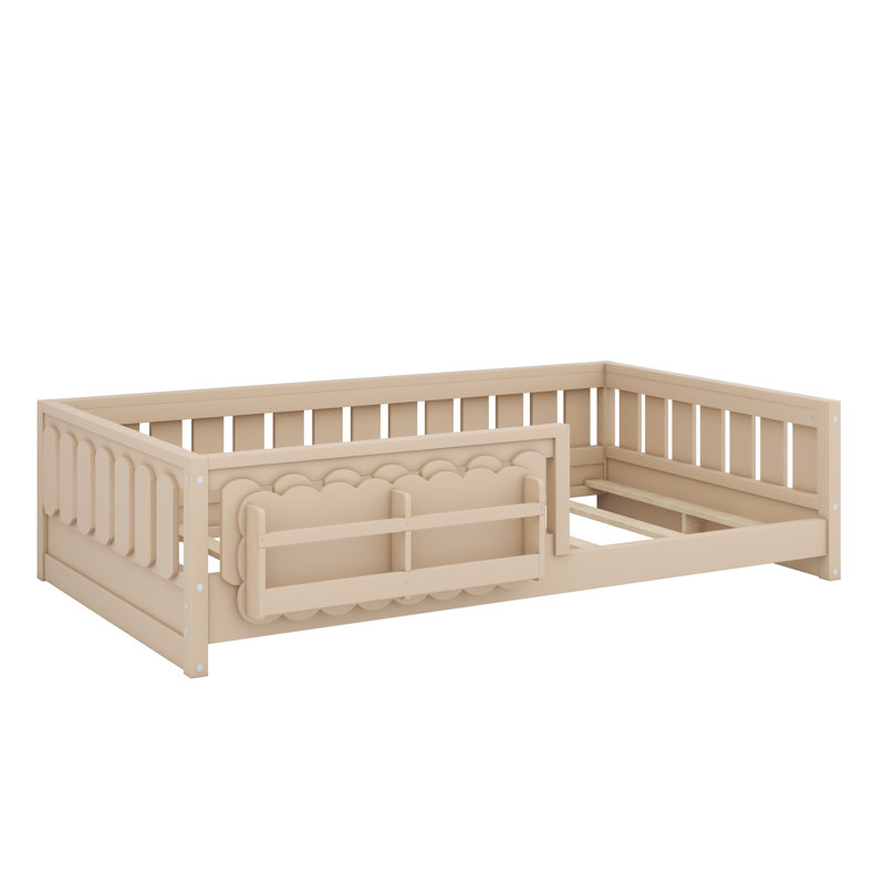 Platform Bed with Integrated Guardrail and Open Storage Shelves, Natural