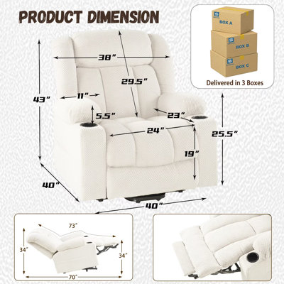 Fauteuil inclinable électrique lève-personne de 40 po de large et de hauteur avec chaleur, massage et repose-pieds allongé