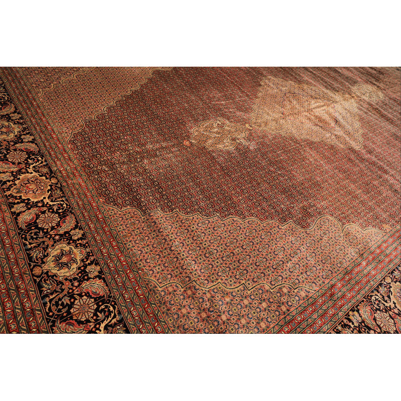 Tapis traditionnel rouille en laine et soie noir noué à la main 12 pi 3 po x 18 pi 1 po