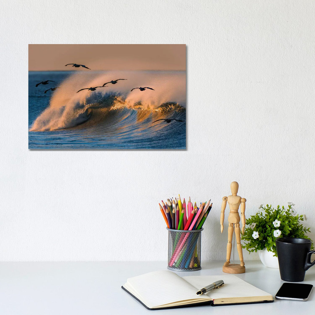 Pelican Flock And Wave