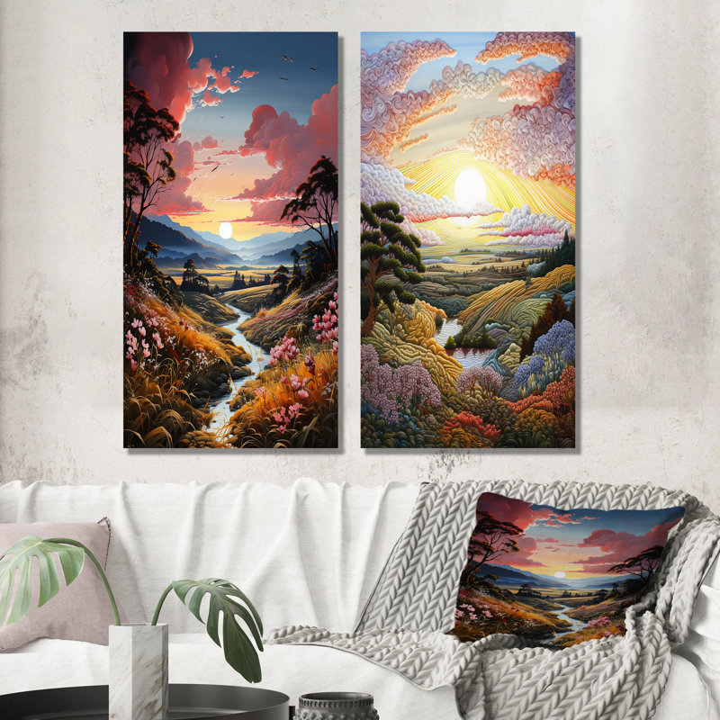 Lever de soleil campagne en Provence - ensemble d'art mural en métal campagne, H 32 po x l 32 po