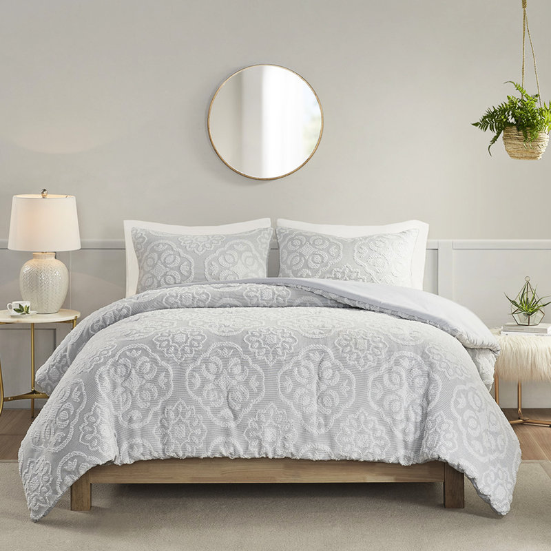 Housse de couette médaillon 3 pièces très grand / très grand - gris blanc, tissu doux, literie à fermeture à boutons confortable, lavable