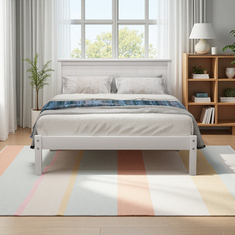 Base de lit plateforme avec tête de lit, support à lattes de bois, aucun sommier requis, Lit simple, Blanc
