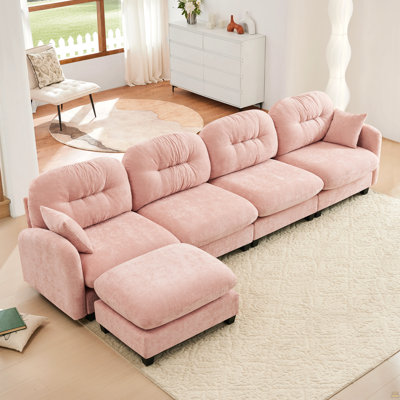Canapé modulaire modulaire en forme de L avec repose-pieds, tissu chenille doux, conception ergonomique, conception plissée matelassée, base en bois de haute qualité facile à installer, s'adapte aux chambres à coucher, aux coins de lecture, rose