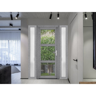 Front Exterior Prehung FiberGlass Door Clear Glass See-through Manux 8555 Grey Ash Clear Glass 2 Side and Top Exterior Window Office Commercial and Residential Doors Entrance Patio Garage-W14+36+14 x H80+14-Left-hand Inswing