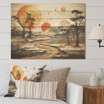Orange Sunset Abstract Landscape Stream II - Abstract Landscape On Wood Print