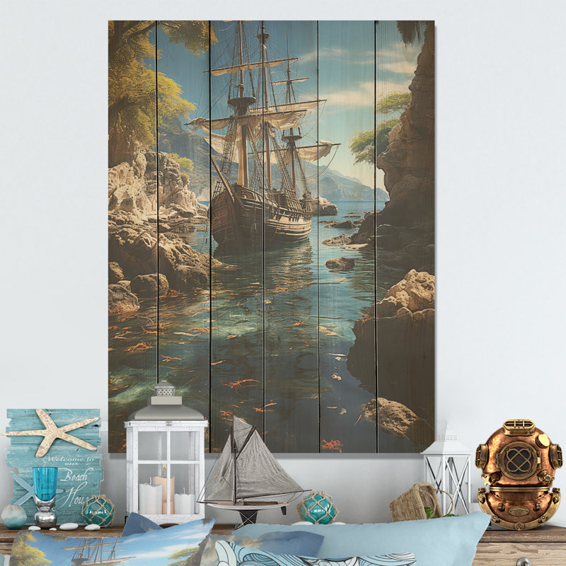 Bateau pirate tropical caché - Art sur bois de pin naturel, H 20 po x l 10 po