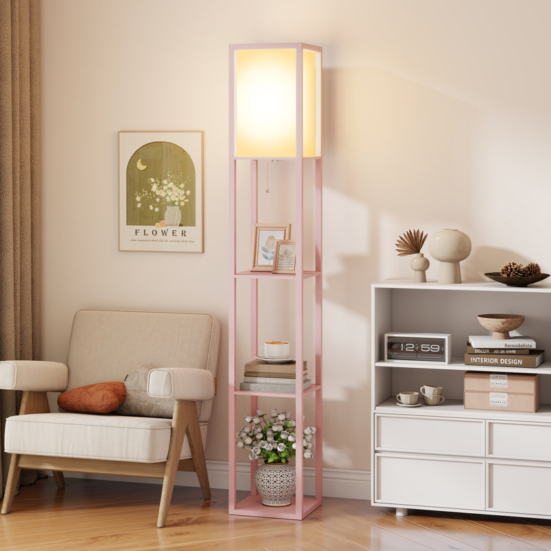 Floor Lamp with 3 Layers Wooden Shelves, Modern 160cm Standing Light Reading Lamp for Living Room, No, Pink