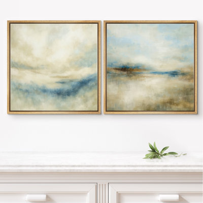 Doux paysage abstrait neutre dans des tons de beige et de bleu clair, œuvre d'art encadrée de la chambre principale, 2 pièces