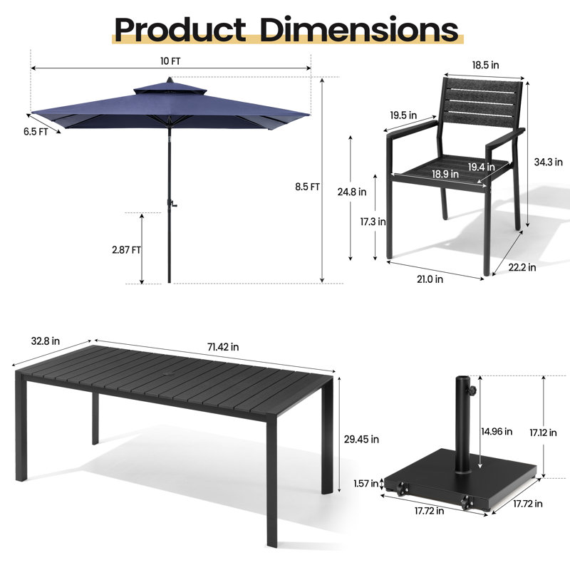 Ensemble repas pour 6 personnes en aluminium avec chaises empilables, parasol de patio et base lestée, Navy, Noir