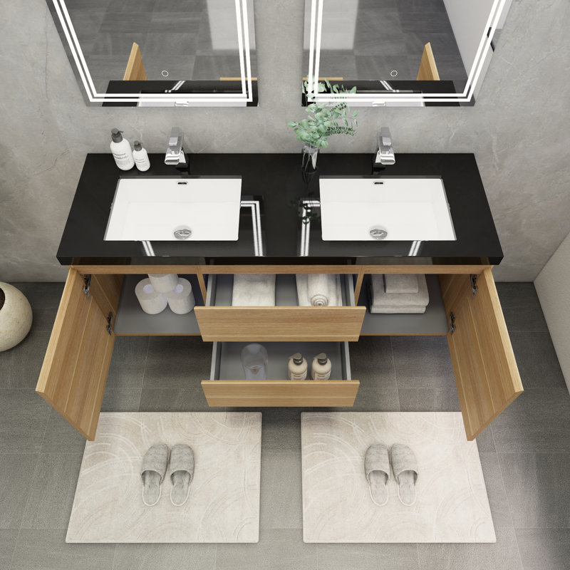 Castin 60" Wall-Mounted Double Bathroom Vanity Set, Light Oak
