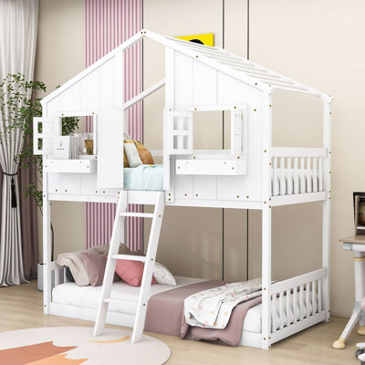 Lit superposé simple au-dessus de simple en bois avec toit et fenêtre Farnon