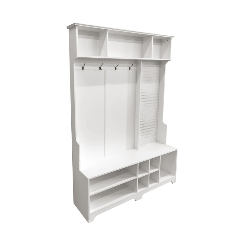 Arbre d'entrée avec banc à chaussures, portemanteau, rangement pour chaussures, tablettes de rangement et panneau perforé, pour les couloirs, les couloirs et les chambres