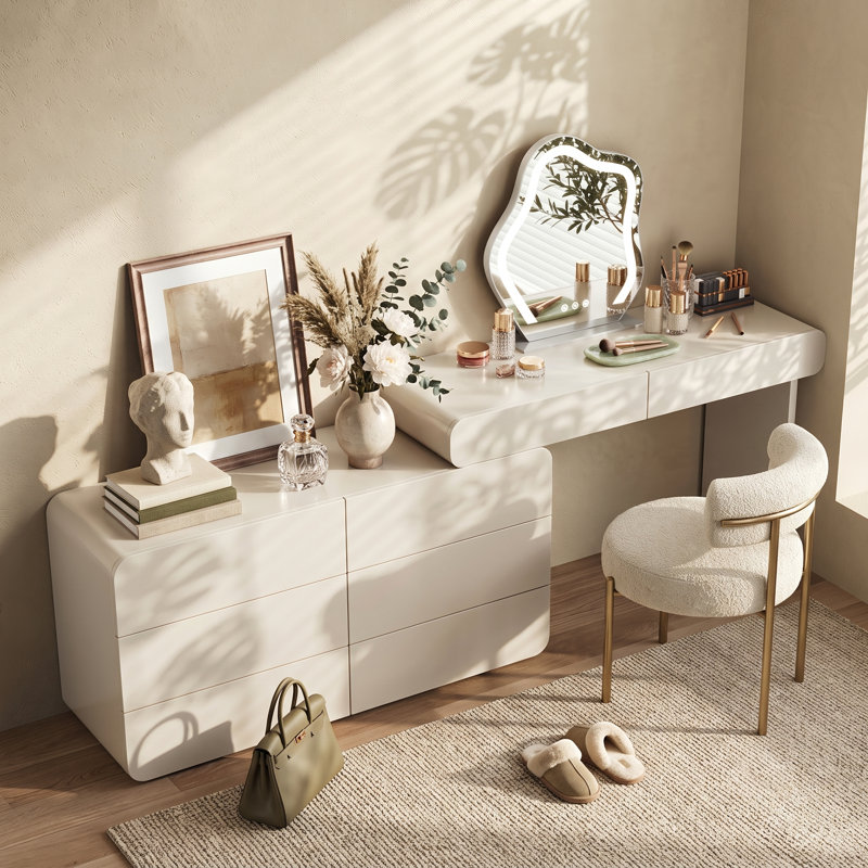 Meuble-lavabo moderne extensible avec armoire de rangement à 8 tiroirs, table de maquillage réversible en forme de L