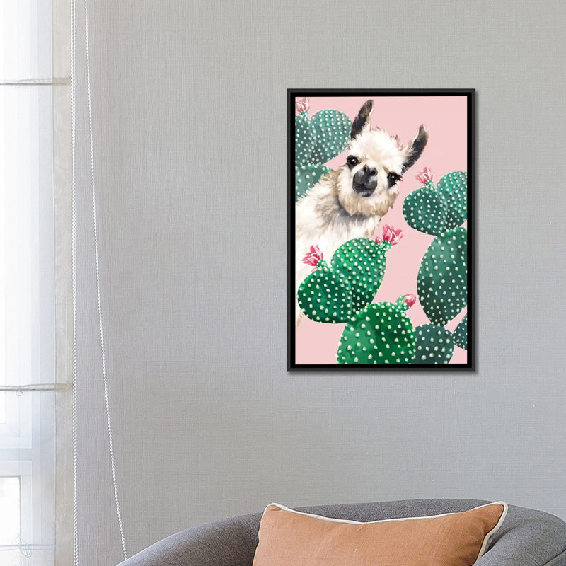Art du lama et du cactus, H 26 po x l 18 po x P 1,5 po, Toile avec cadre noir