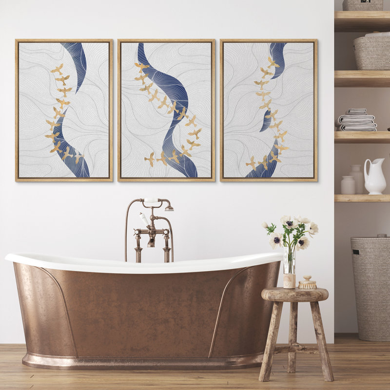 «Abstract Line Geometric Birds», ensemble de 3 reproductions d'art encadrées sur toile, H 36 po x l 24 po, Naturel