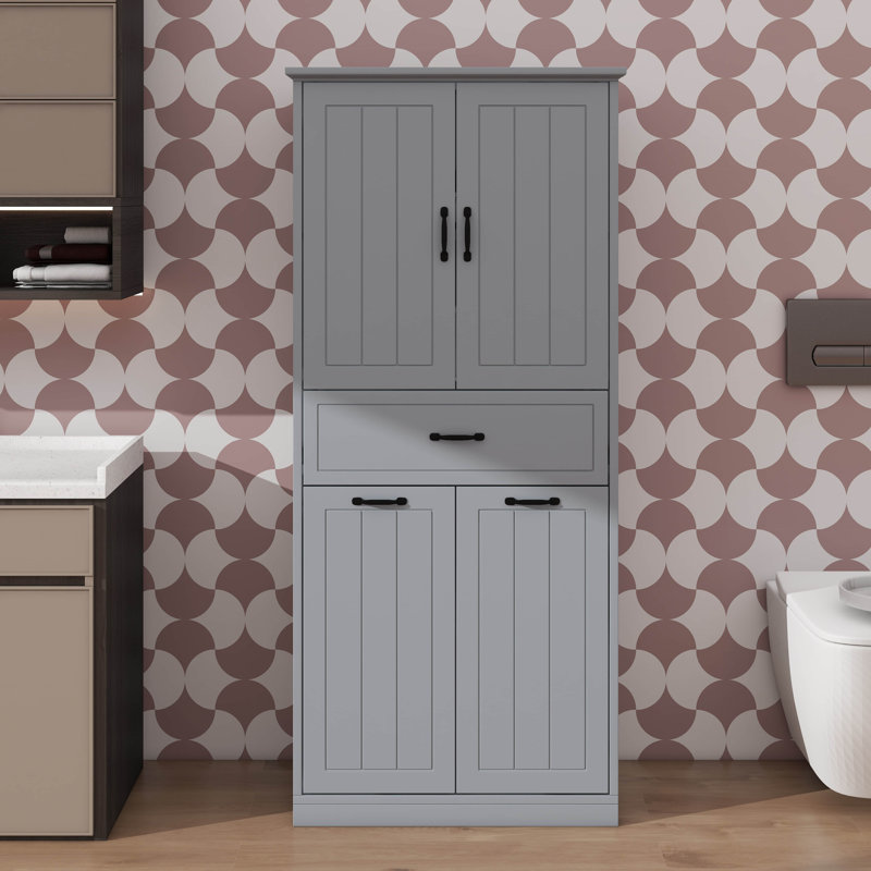 Bathroom Storage Cabinet With Two Laundry Baskets, Storage Cabinet With Doors And Drawer For Home, Gray