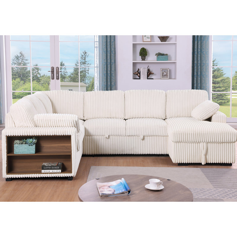 Sleeper Sectional Sofa with Pull-Out Bed, Storage Armrest, Right-Facing Storage Chaise, Beige Corduroy