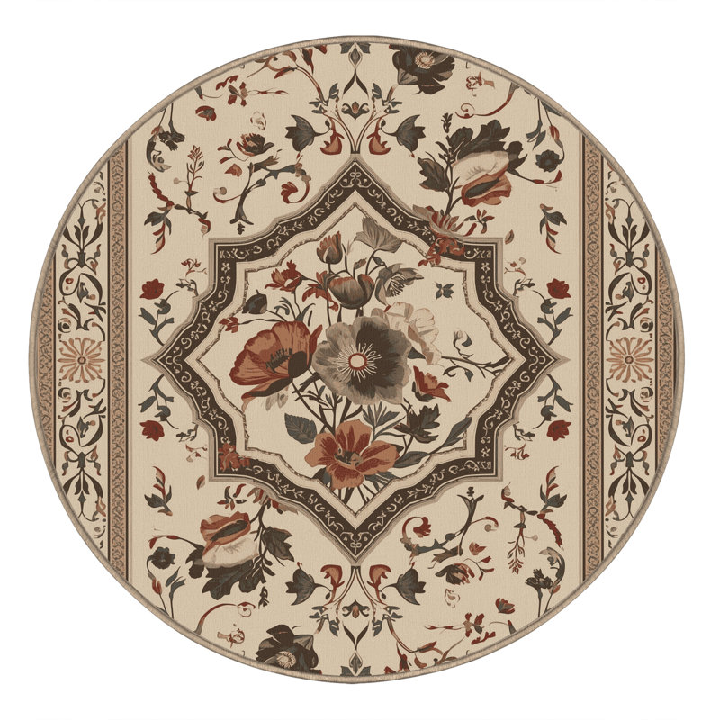 Tapis oriental moelleux moelleux en beige, Rond 5 pi
