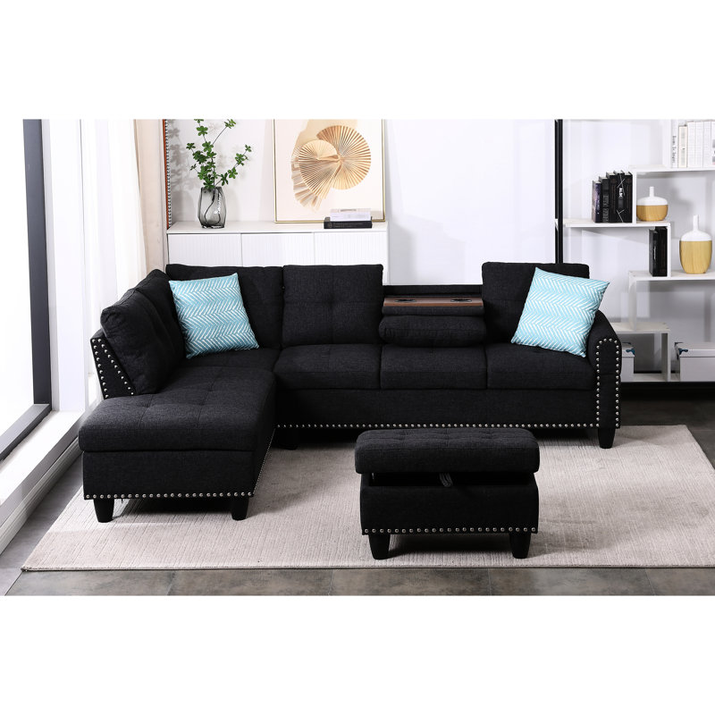 3 - Piece L Shaped With Rivet Trim, Ideal For Movie/game Nights, Seats Four, Pull Down Middle Seat Cup Holders, Comes Two Toss Pillows And Matching Storage, Solid + Engineered Wood Frame On Low