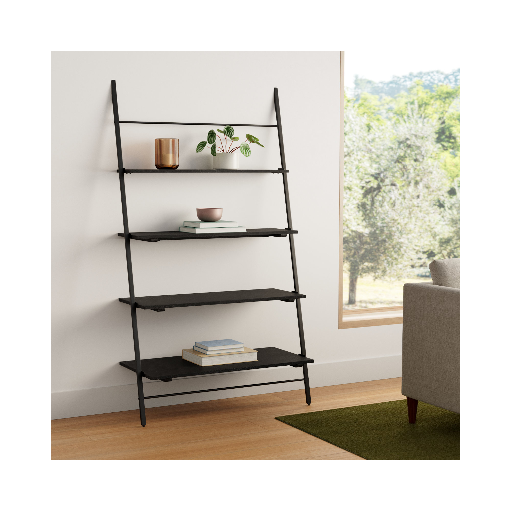 Innes Narrow Ladder Bookcase, Black, (4 Shelves) 74" H x 42" W x 18" D