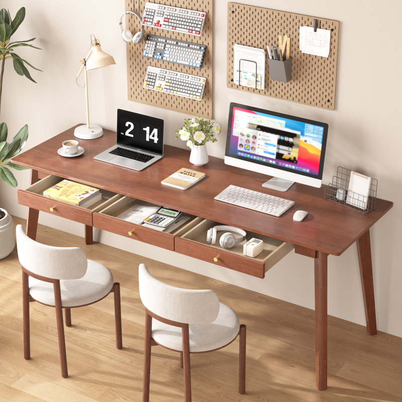 100% Solid Wood Desk 63" Mid Century Modern Desk With 3 Drawers Large 2 Person Vintage Writing Desk Simple Wooden Table For Restaurants, Home, Offices