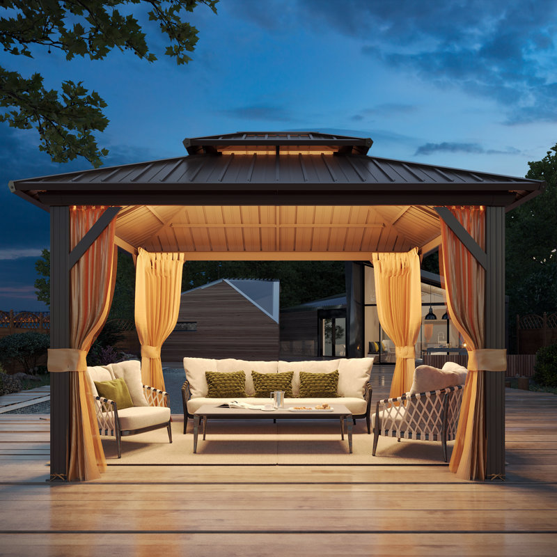 Outdoor Hardtop Gazebo with Aluminum Frame & Double Galvanized Steel Roof, Heavy Duty Permanent Pavilion with Netting & Curtains for Patio, Lawn, Deck