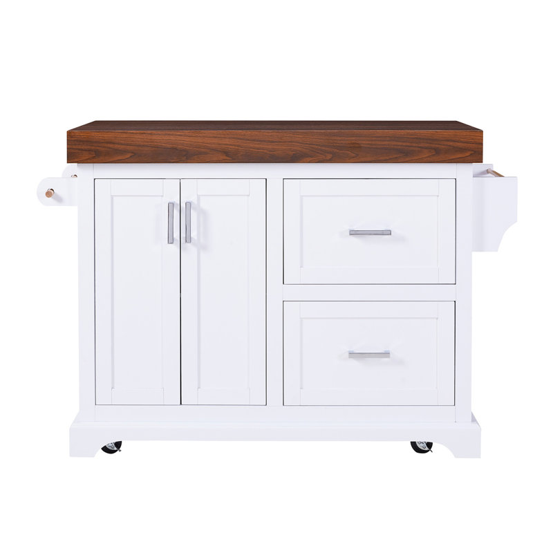 K&K 53" Large Kitchen Island with 3.5" Thick Desktop, Spice and Towel Racks, Rolling Kitchen Island with Storage on 5 Wheels, 2 Extra-large Drawers, for Home, Kitchen, Dining Room, White