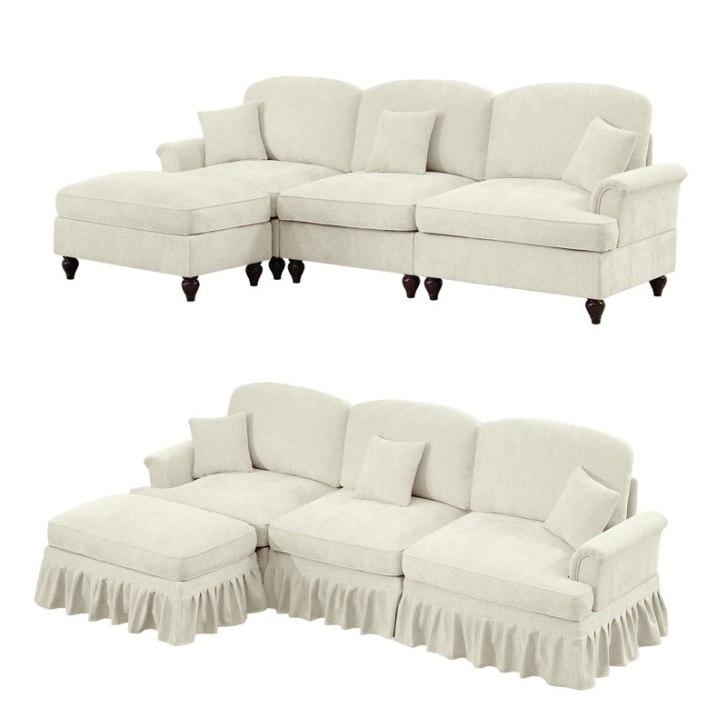 Mid Century Modular 3-Seater Sectional Sofa With Flared Arms, Removable Skirt & Movable Ottoman – Chenille Fabric Couch For Living Room