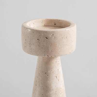 Travertine Candle Artefact - Biophilic Mineral Sculpture For Mid-Century & Cream Aesthetic Interiors