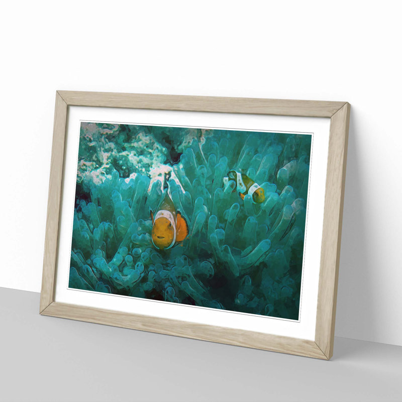 Clownfish and Sea Anemone in Abstract - Picture Frame Graphic Art Print, 48cm H x 65cm W x 2cm D, Oak Framed