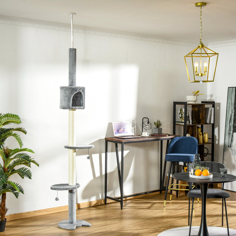 Arbre d'escalade de 85,5 po - Centre d'activités pour 4 personnes. Grattoir, boules suspendues et coffre-fort. Doux et confortable. Gris. Pour chats légers, hauteur de chat réglable de 10 lb