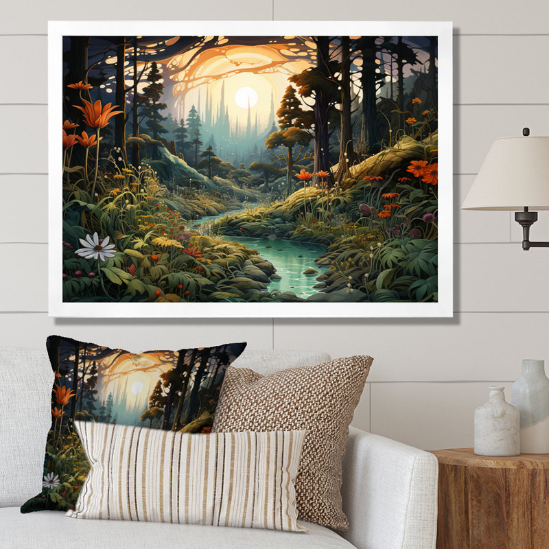 Forêt, rêverie, petite rivière, coucher de soleil, forêt, Cadre simple blanc, H 16 po x l 32 po x P 1 po