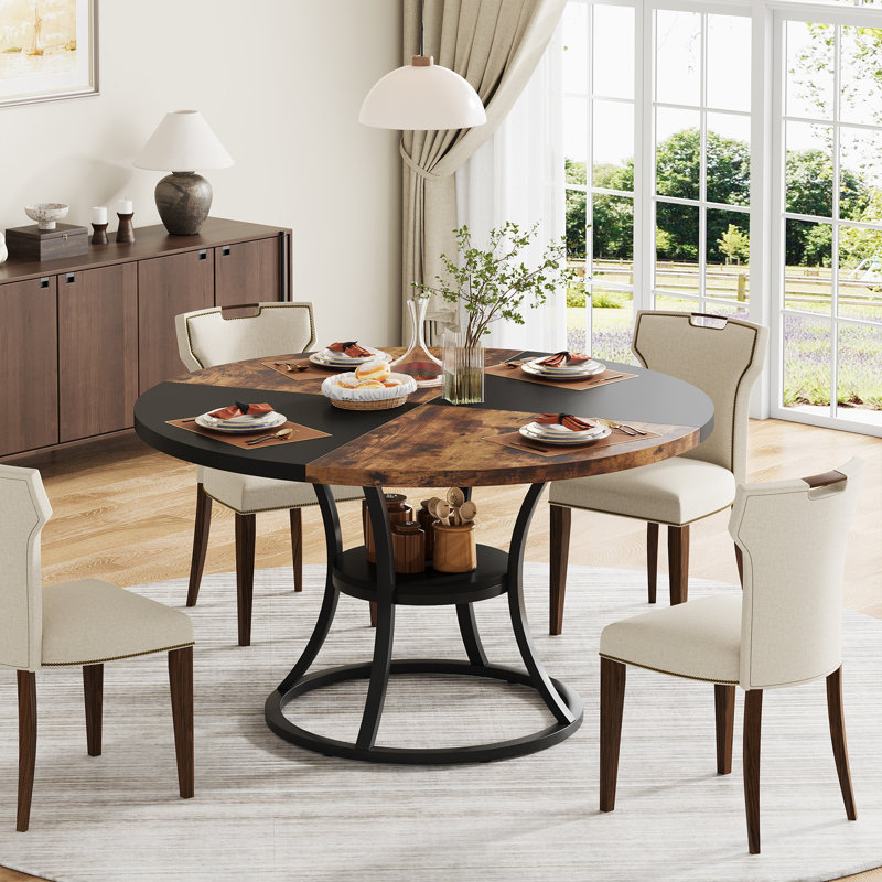 Round Dining Table for 4-6, 47 inch Wood Dining Room Table with Storage Shelf, Brown & Black, No Chairs, Rustic Brown/Black
