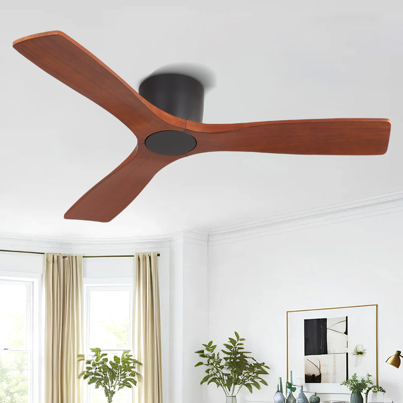 48 Inch 3 Carved Solid Wood Blades Flush Mount Ceiling Fan 6-Speed Noiseless Reversible DC Motor With Remote, Black and Walnut