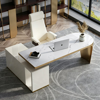 Bureau de luxe moderne 55,12 po avec dessus en pierre frittée et armoire d'appoint