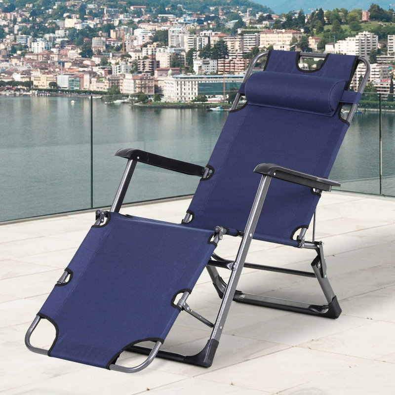 21 Camping Sun Chair - Beach Compatible, Navy, With Pillow & Pocket For Sunbathing And Relax