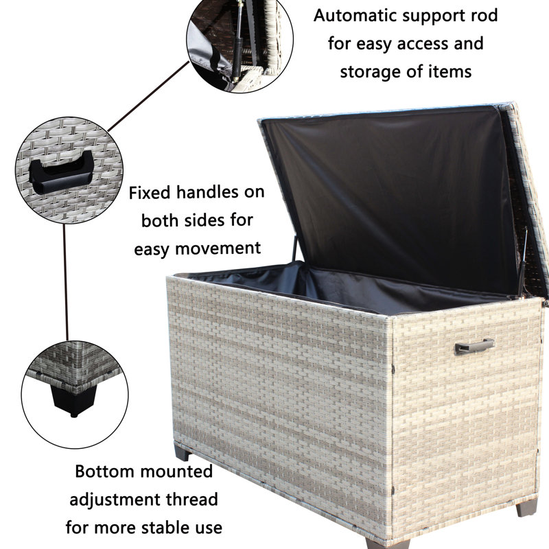 Boîte de rangement extérieure grise - 148 gallons. Couvercle renforcé pour plus de durabilité. Intérieur. Gère la mobilité. Pe et acier. Assemblage requis Capacité du patio en gallons. Avec couvercle en panneau de particules. Imperméable. Pratiqu