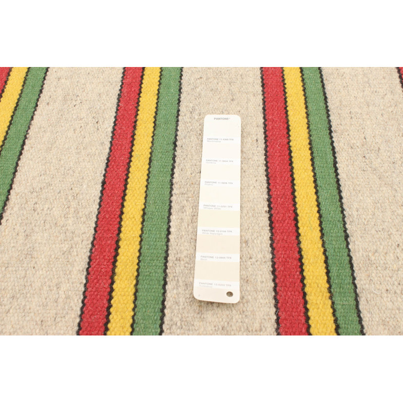 Tapis rayé beige / vert / rouge en laine fabriqué à la main Kilim