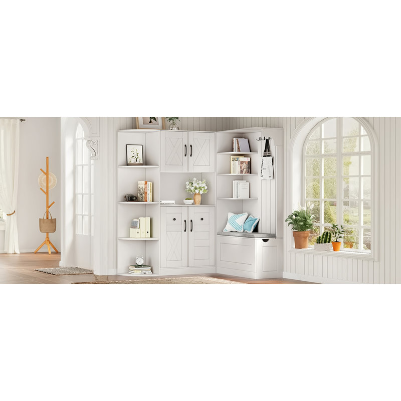 Multifunctional left-right combination hall cabinet (can be used separately) with storage and 4 hooks, storage cabinet/ hall tree 2 in 1 for living room, kitchen and hallway