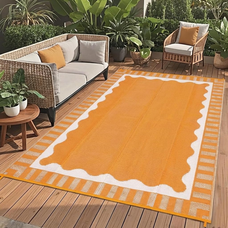 Waterproof Outdoor Rug 8x10 Outdoor Patio Rug Modern Scalloped Reversible Plastic Straw Camping Rugs Bordered Outside Carpet for Picnic Backyard Deck Balcony Trailer Orange
