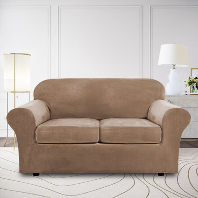 Soft Velvet Plush 3 Piece Stretch Loveseat Sofa Slipcover for 2 Cushion Couch Machine Washable