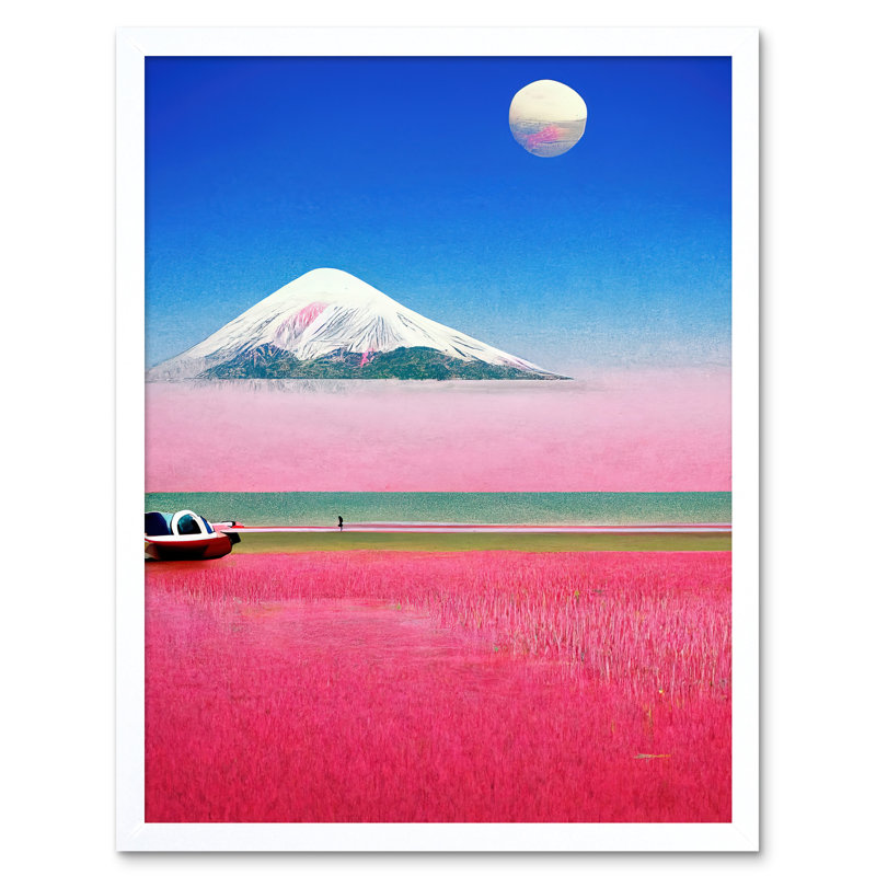 Surrealist Japanese Mount Fuji Landscape - Painting, 43cm H x 33cm W, White Framed Paper