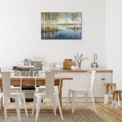 «Large Winter Birch Forest», reproduction d'art sur toile, reflet du lac bleu, impression sur toile pour le salon, chambre à coucher, affiche murale, encadrée